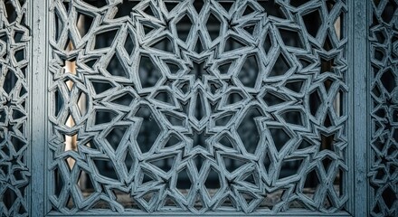 Close-up of an intricately designed blue metal panel with geometric patterns.