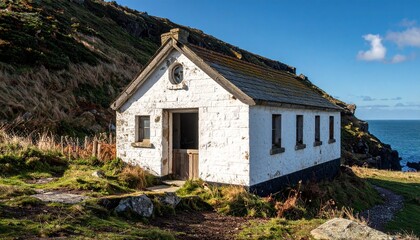 Fototapeta premium Picturesque White Cottage Perched on Cliffside Overlooking the Ocean Under a Blue Sky.