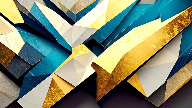 An abstract composition of layered geometric shapes featuring teal, gold, and white hues