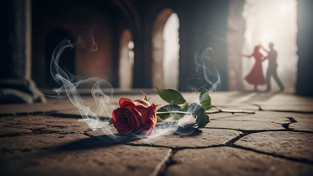 Romantic couple dancing in background with smoke rising from red rose