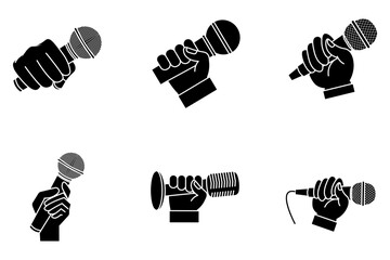 hand holding microphone set 6 icon simple on white background
