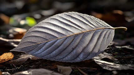 Detailed close up view of the intricate veins on a dry fallen leaf resting on the natural forest ground