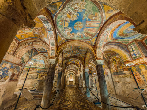 Interior view of the marvelous Anagni Cathedral Crypt, the "Sistine Chapel of the Middle Ages," in Lazio, central Italy, with medieval frescoes