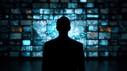 Man in suit observing data screens