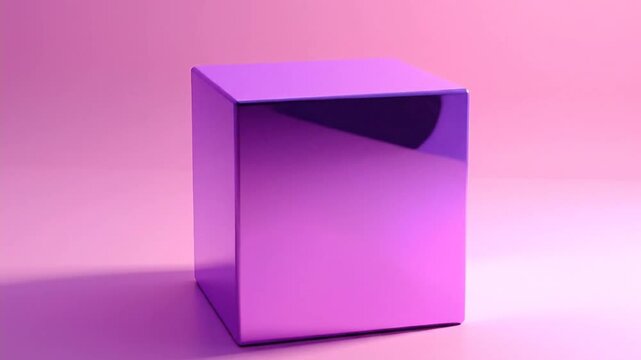 A vibrant, purple cube stands centered against a gradient pink backdrop, with shadows adding depth