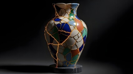 A vibrant mosaic vase, beautifully mended with glowing Kintsugi lines, profoundly symbolizes resilience, inner light, and the enduring beauty found in embracing imperfection and healing