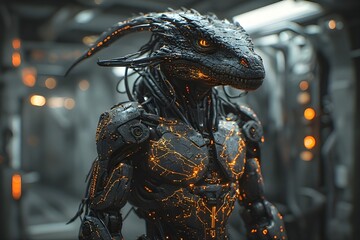 Dark dragon humanoid warrior with glowing armor details standing in a futuristic environment. Concept of mythical creature, power, and sci-fi fantasy character design.