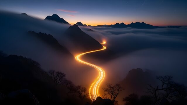 A radiant, winding path of golden light cuts through a mysterious, cloud-shrouded mountain range under a starlit twilight, symbolizing the illuminated journey of progress and vision