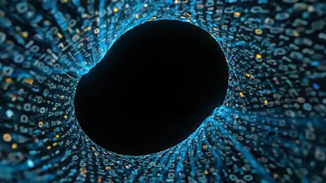 A tunnel of digital code with a dark center, showcasing binary digits and luminous particles