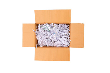 Cardboard box with shredded paper inside, isolated on white background.