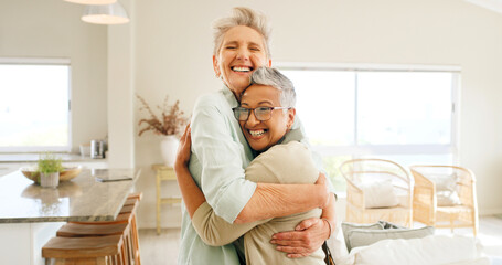 Friends, hug and old women with smile, house and happy for reunion, retirement and bonding on...