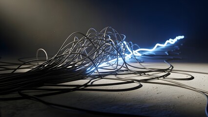 A vibrant streak of blue electricity navigates a dense knot of tangled cables, serving as a visual metaphor for streamlining complex networks and the triumph of efficiency over disorder