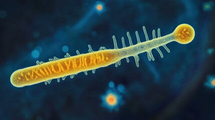 Detailed microscopic view of a bacterial cell with segmented structures and appendages against a blurred blue background