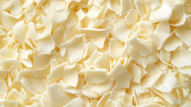 Delicate white chocolate shavings creating a textured background for desserts
