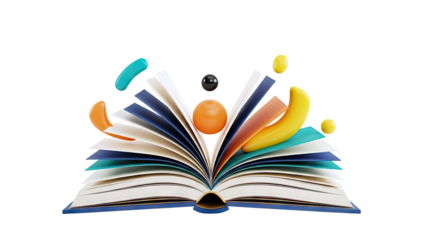 Open book with abstract colorful shapes flying out