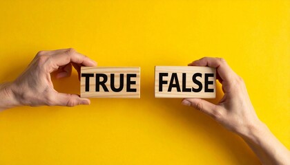Two hands holding wooden blocks labeled "TRUE" and "FALSE" on yellow background, symbolizing logic and decision-making.