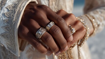 Elegant Silver Rings and Intricate Hand Jewelry in Bright Light