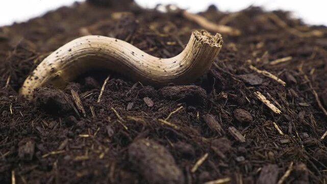 Worm on soil with dirt and debris, natural environment scene