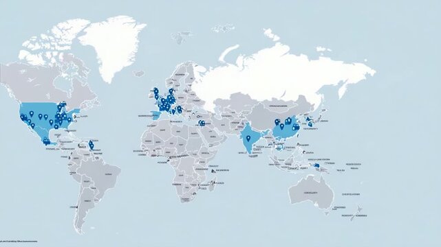 A Comparative Visualization of Global Map Changes with Highlighted Regions in Blue Illustrating Specific Locations Across Continents Over Time