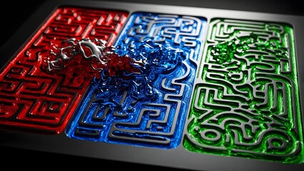 Vibrant RGB fluids navigate intricate labyrinthine channels and collide in a dynamic metallic splash, symbolizing the complex fusion of technology, data flow, and creative problem solving
