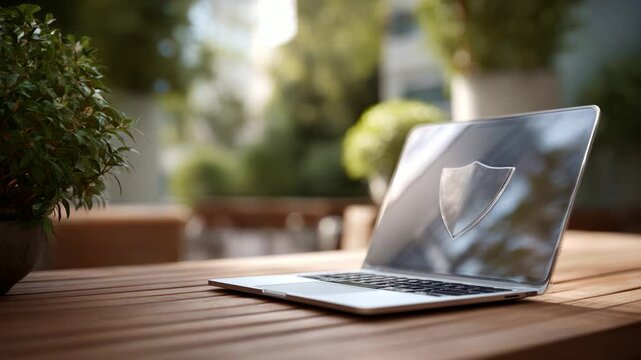 A sleek laptop with a shield logo resting on a wooden table, surrounded by greenery, symbolizing digital security and protection in a serene outdoor setting.