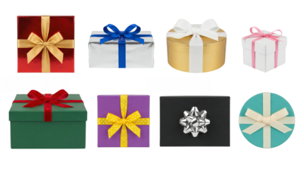 Gift box set including square, rectangular, and round shapes with ribbons and bows isolated. Christmas, birthday, and holiday celebration packaging collection.
