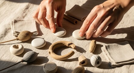 Hands arranging eco-friendly tableware on a beige tablecloth with natural light.