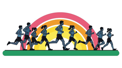 Diverse Group of Runners Racing Together with Colorful Rainbow Arc and Green Ground