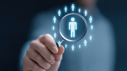 Hand Holding Magnifying Glass Over Iconic Figure Surrounded by Digital People Symbols in Abstract Background