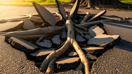 Nature's unstoppable force shatters urbanization as powerful tree roots burst through solid asphalt, symbolizing resilience and the triumph of growth over artificial barriers
