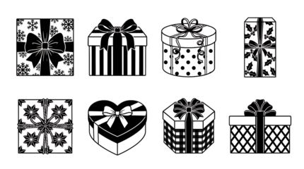 Gift box set including square, heart, round, and hexagonal shapes with various ribbons and patterns isolated. Decorative holiday present collection for celebrations.