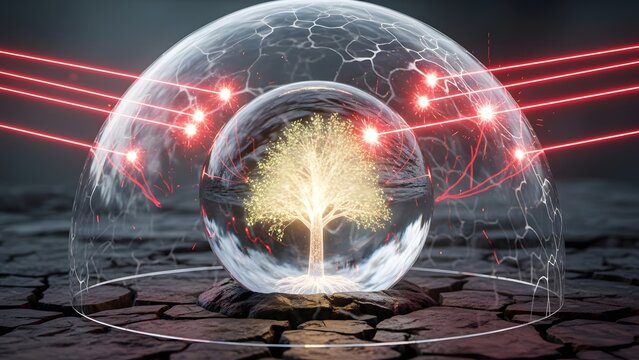 A glowing golden tree stands resilient inside a protective force field absorbing red laser attacks, a vivid metaphor for defending the fragile environment or cybersecurity assets against hostility - Powered by Adobe