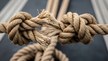 Fototapeta premium A strained hemp rope fraying and snapping at the center under immense tension, visualizing the critical breaking point, burnout, and the imminent risk of total failure