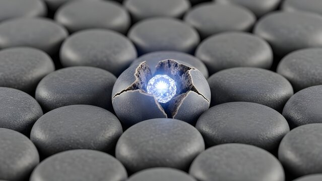 A glowing diamond bursts forth from a cracked grey stone amidst a field of uniform pebbles, a powerful metaphor for unleashing hidden potential and discovering inner value