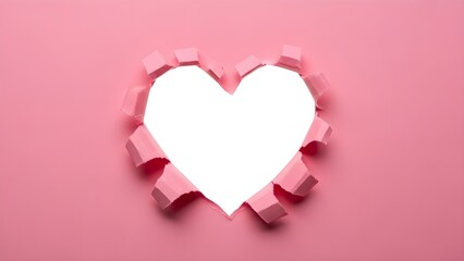 A heart shaped hole in a pink paper background
