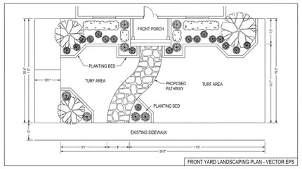 Detailed front yard landscaping plan with pathway and planting beds