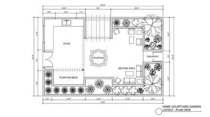 Detailed home courtyard garden layout plan with seating area and fountain