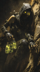 female Goblin assassin, extremely agile and slender. Clinging to a cave wall