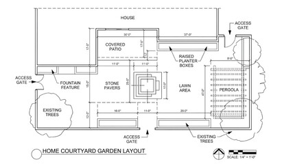 Detailed home courtyard garden layout plan with measurements