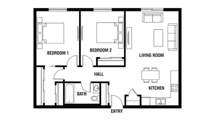 Modern two bedroom apartment floor plan with living room