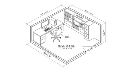 Detailed home office floor plan with desk and shelving