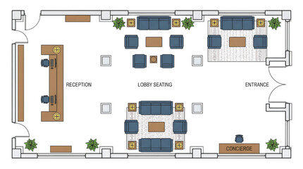 Modern office lobby floor plan with reception and seating areas