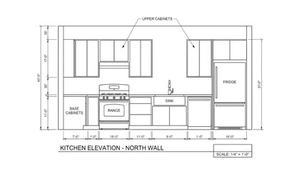 Detailed kitchen elevation plan with labeled appliances
