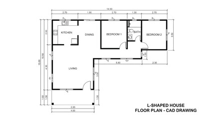L-shaped house floor plan with CAD drawing dimensions