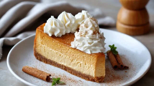 Slice of pumpkin cheesecake with whipped cream on ceramic plate close-up shot. Pumpkin Spice Cheesecake, concept of dessert