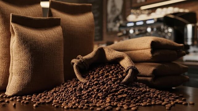 Close up of burlap bags with coffee beans in a commercial setting