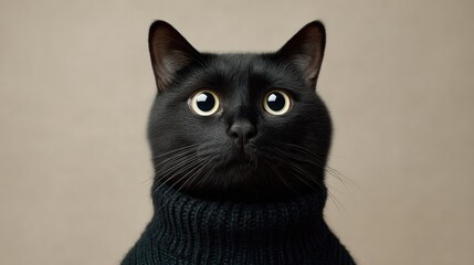 Elegant Black Cat in Cozy Sweater with Neutral Background
