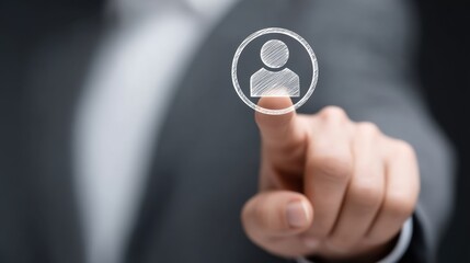 Businessman Using Magnifying Glass to Inspect Digital Icon Representing User Profile in Modern Office Environment