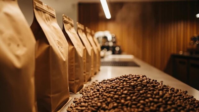 Coffee beans and packaged coffee bags displayed on countertop