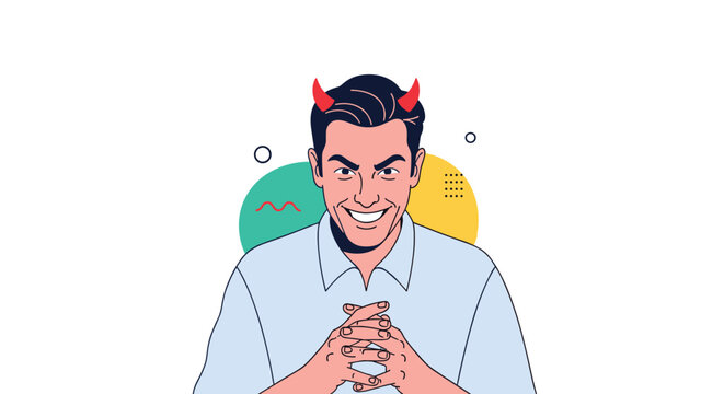 Devious man with red devil horns and an evil grin rubbing his hands together, planning something mischievous or wicked.